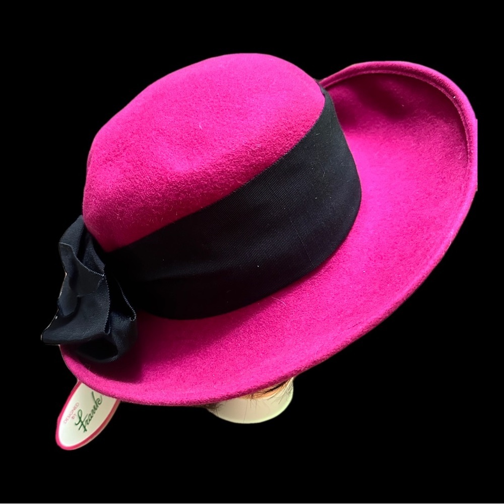 Frank Olive Vintage 1960’s  Fuchsia Wide Brim Hat with Black Band